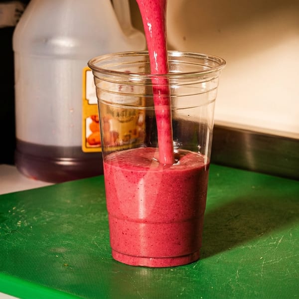 Thick pink smoothie pouring into a clear plastic cup on a green cutting board.