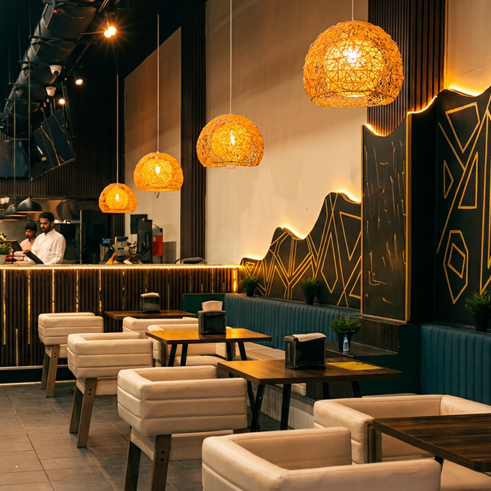 Modern restaurant interior with wicker pendant lights, geometric wall art, and a counter with staff.