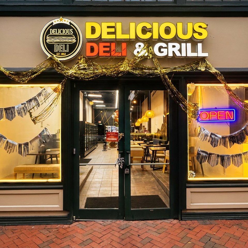 The exterior of Delicious Deli & Grill, decorated with gold tinsel and silver banners, with an "OPEN" sign.