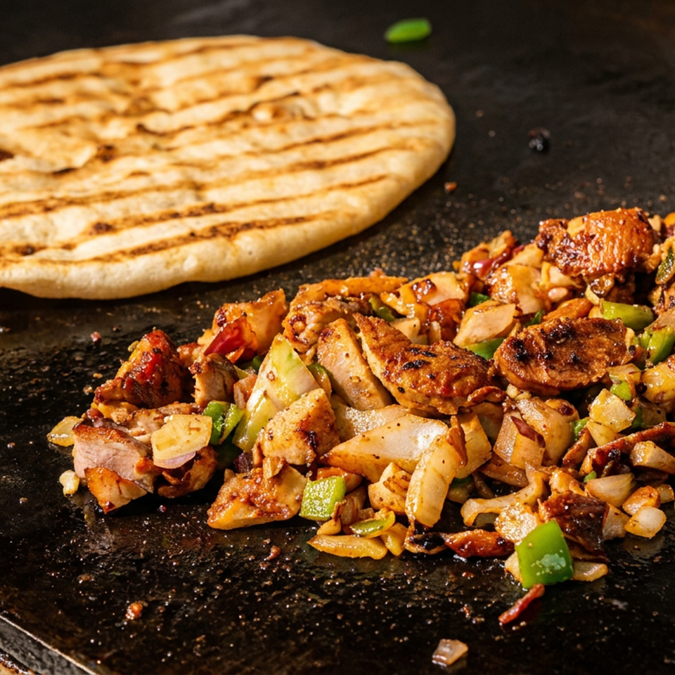 Grilled flatbread and seasoned chicken with peppers and onions cooking on a griddle.