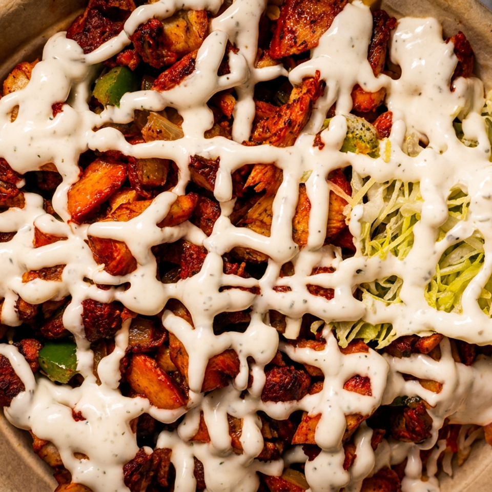 Close-up of a bowl filled with chicken, potatoes, green peppers, lettuce, and white sauce.