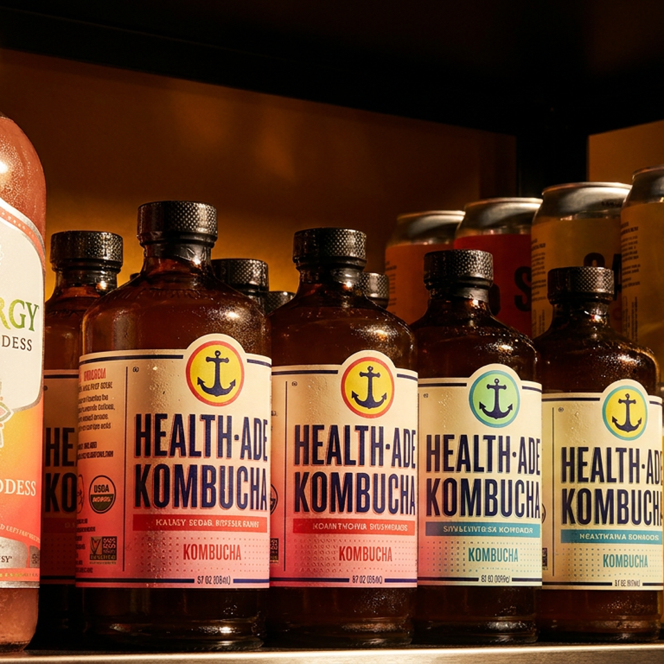 Bottles of Synergy Guava Goddess, Health-Ade Kombucha, and cans of SAP! Soda on a shelf.