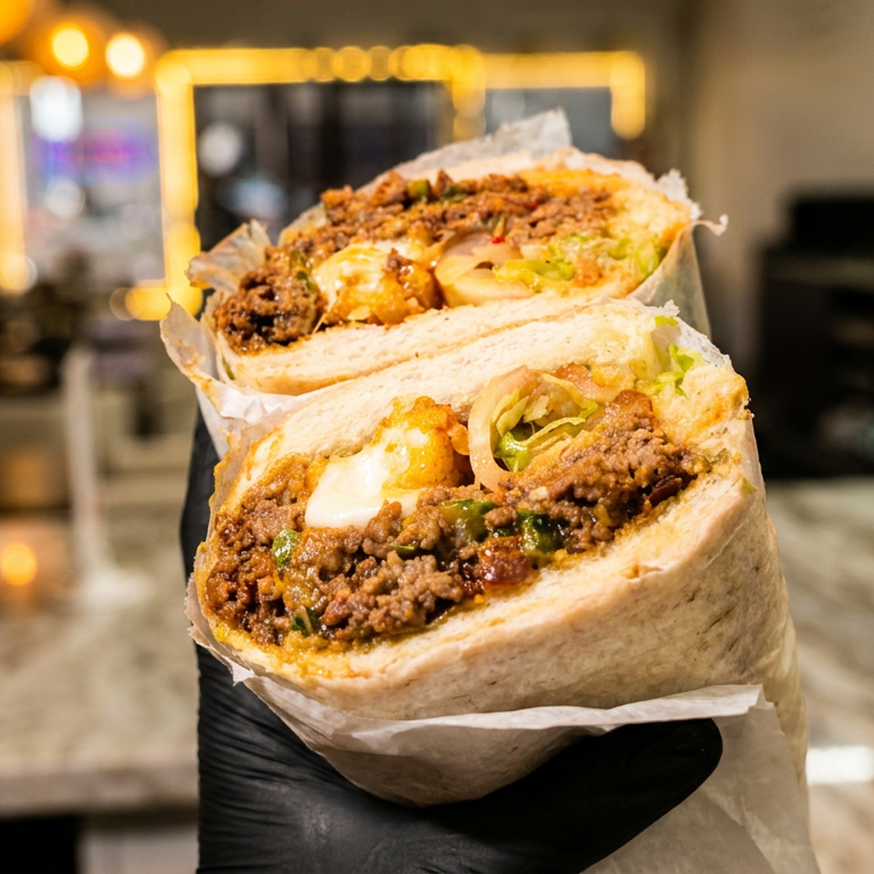A large sub sandwich, cut in half, filled with ground meat, cheese, and vegetables.